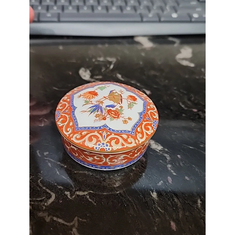 VIntage KAISER W Germany Porcelain Red Gold Bird Ming Design Trinket Ring Box